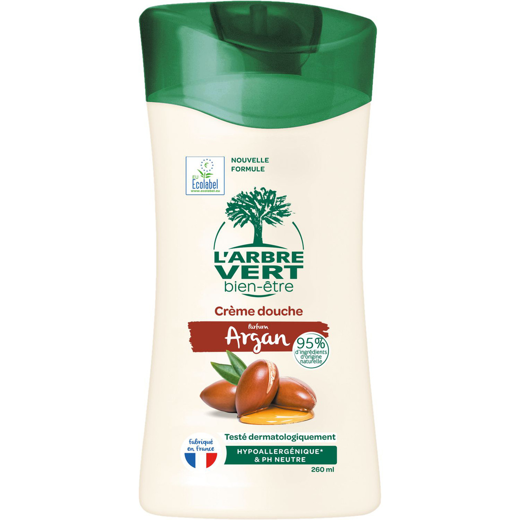 L'Arbre Vert Well-being Ecolabel Shower Cream with Argan Scent - Hypoallergenic & pH Neutral - 95% Natural Origin Ingredients - 260mL