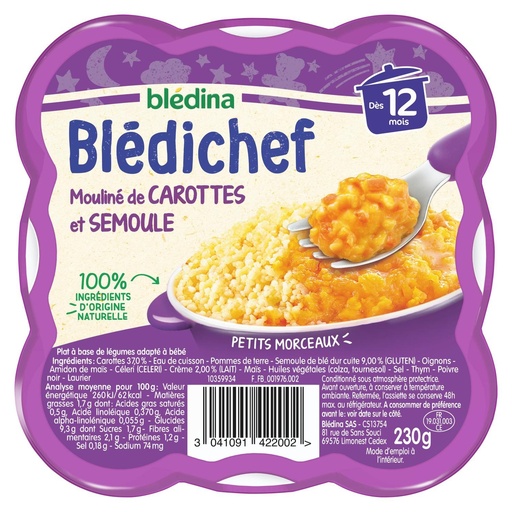 [549162] BLEDINA BLEDICHEF Mouliné de Carottes et Semoule 230g Dès 12 mois