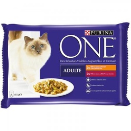 [558288] PURINA ONE Chat Adulte Poulet, Bœuf - 4 x 85 g - Sachets fraîcheur pour chats adultes
