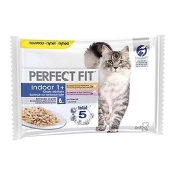 [670661] PERFECT FIT Indoor Stérilisé Sachets fraîcheur en sauce 2 variétés pour chat d'intérieur 4x85g