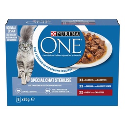 [574525] PURINA ONE® SPÉCIAL CHAT STÉRILISÉ Effilés en Sauce à la Sardine, au Canard ou au Boeuf - 8X85g - Sachets repas pour chats adultes