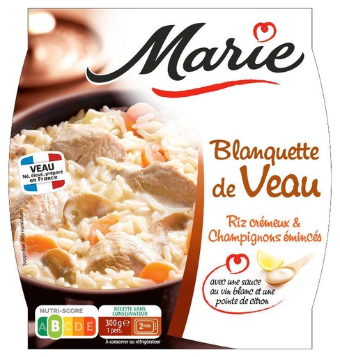 [965301] Blanquette de veau, riz crémeux, champignons émincés, sauce au vin blanc et pointe de citron 300g MARIE