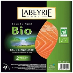 [963744] SAUMON ATLANTIQUE BIO FUME AU BOIS DE HETRE 2 TRANCHES 65 G
