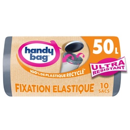[532689] Sacs poubelle fixation élastique 50L x10, 100% plastique recyclé, Handy Bag