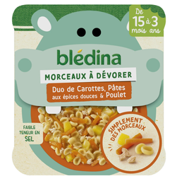 [643403] BLEDINA Petit Plat Morceaux à dévorer Duo de Carottes, Pâts aux épices douces et Poulet 200G de 15 mois à 3 ans